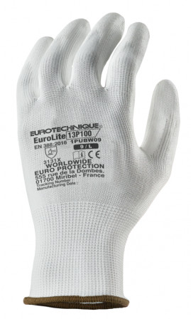 Gants EUROLITE 13P100 J13 PE blanc end. PU blanc T11