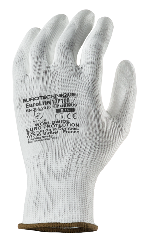 Gants EUROLITE 13P100 J13 PE blanc end. PU blanc T11