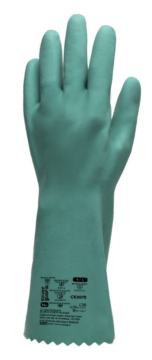 Gants EUROCHEM NI550, nitrile vert coton, 0.85mm, 35cm, T7