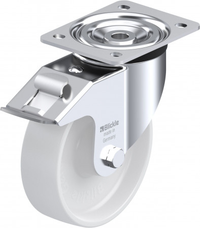 Roulette pivotante polyamide avec platine à visser et blocage « stop-fix »
