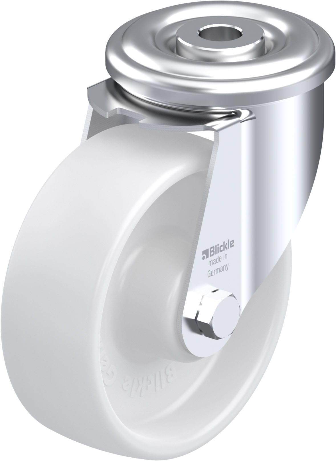 Roulette pivotante polyamide avec trou central