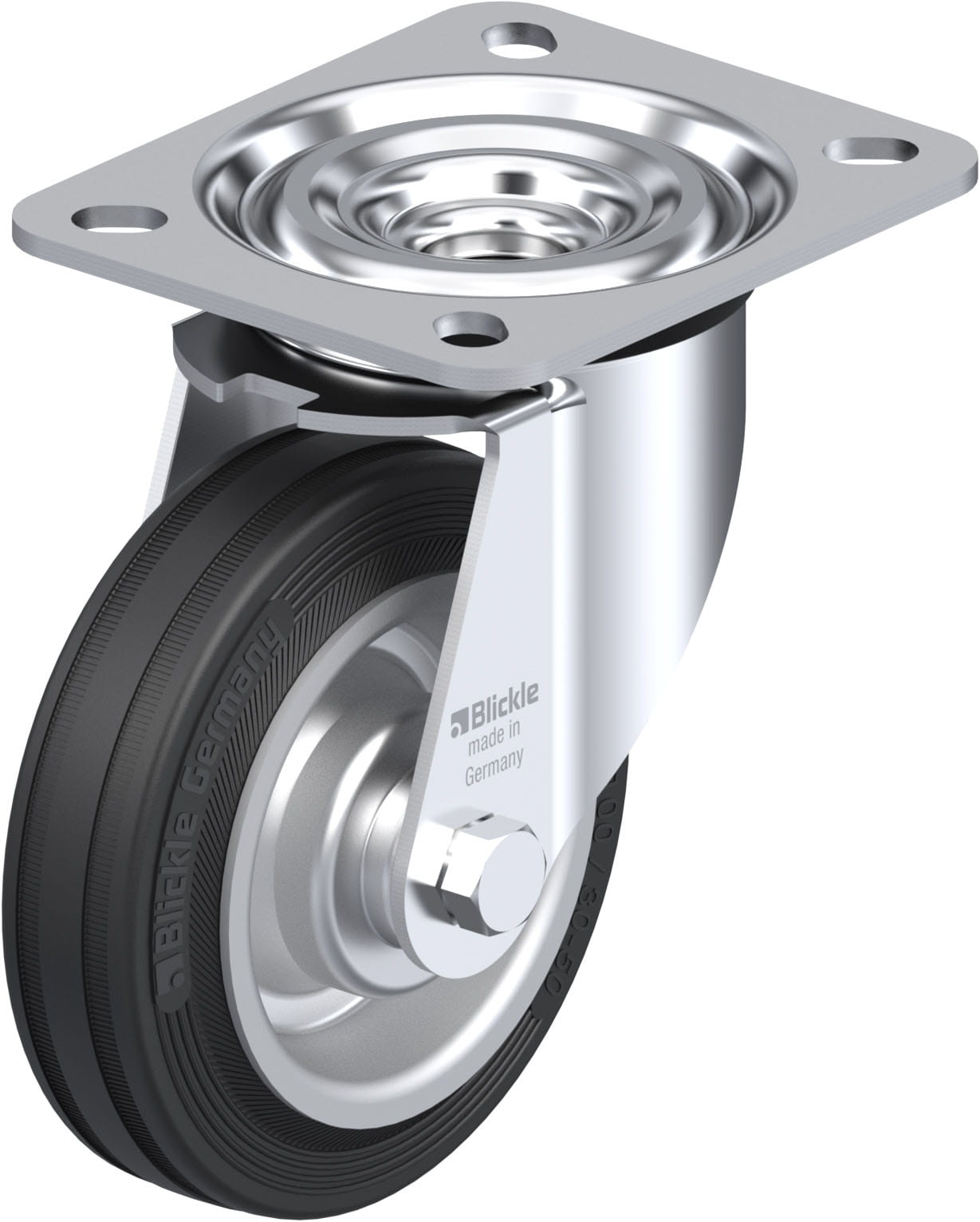 Roulette pivotante caoutchouc avec platine à visser