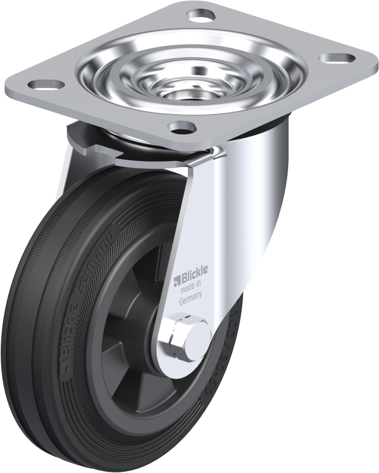 Roulette pivotante caoutchouc avec platine à visser