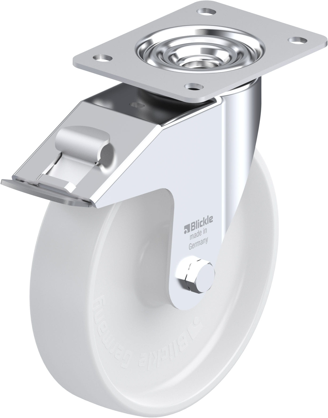 Roulette pivotante polyamide avec platine à visser et blocage “stop-fix”