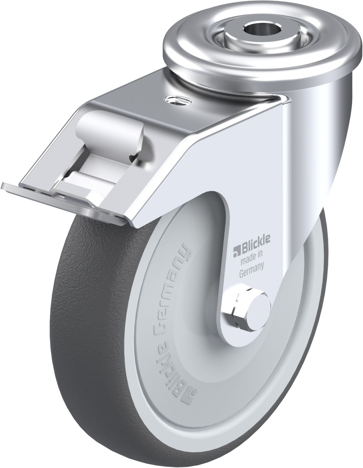 Roulette pivotante polyuréthane thermoplastique avec trou central et blocage “stop-fix”