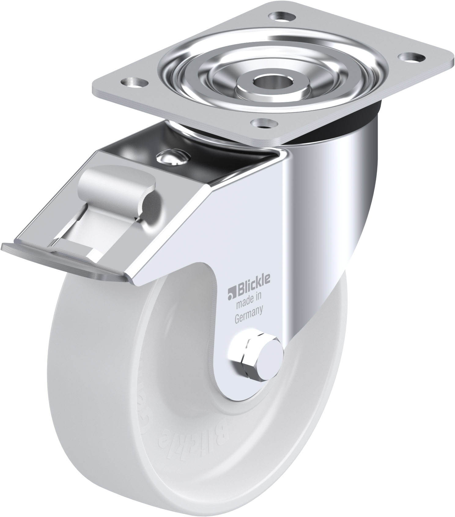 Roulette pivotante polyamide avec platine à visser et blocage « stop-fix »