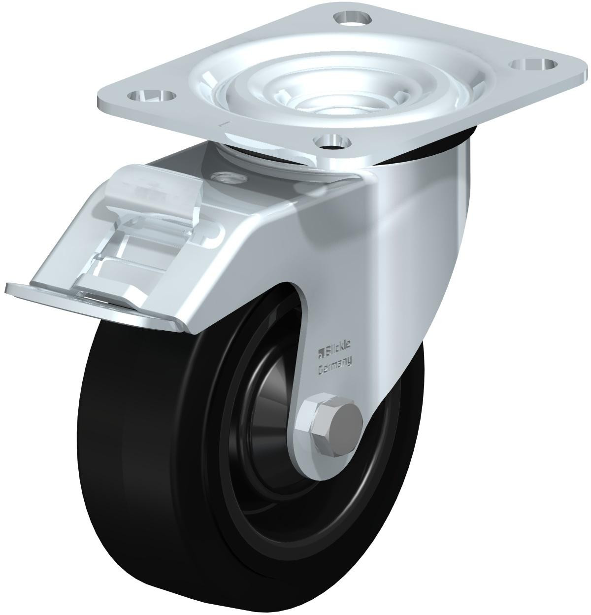 Roulette pivotante en tôle d’acier, version mi-lourde, avec platine à visser et blocage “stop-fix”