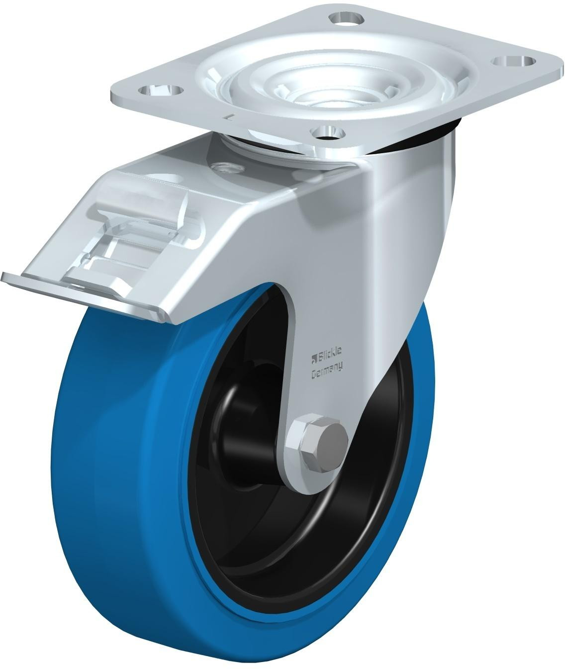 Roulette pivotante en tôle d’acier, version mi-lourde, avec platine à visser et blocage “stop-fix”