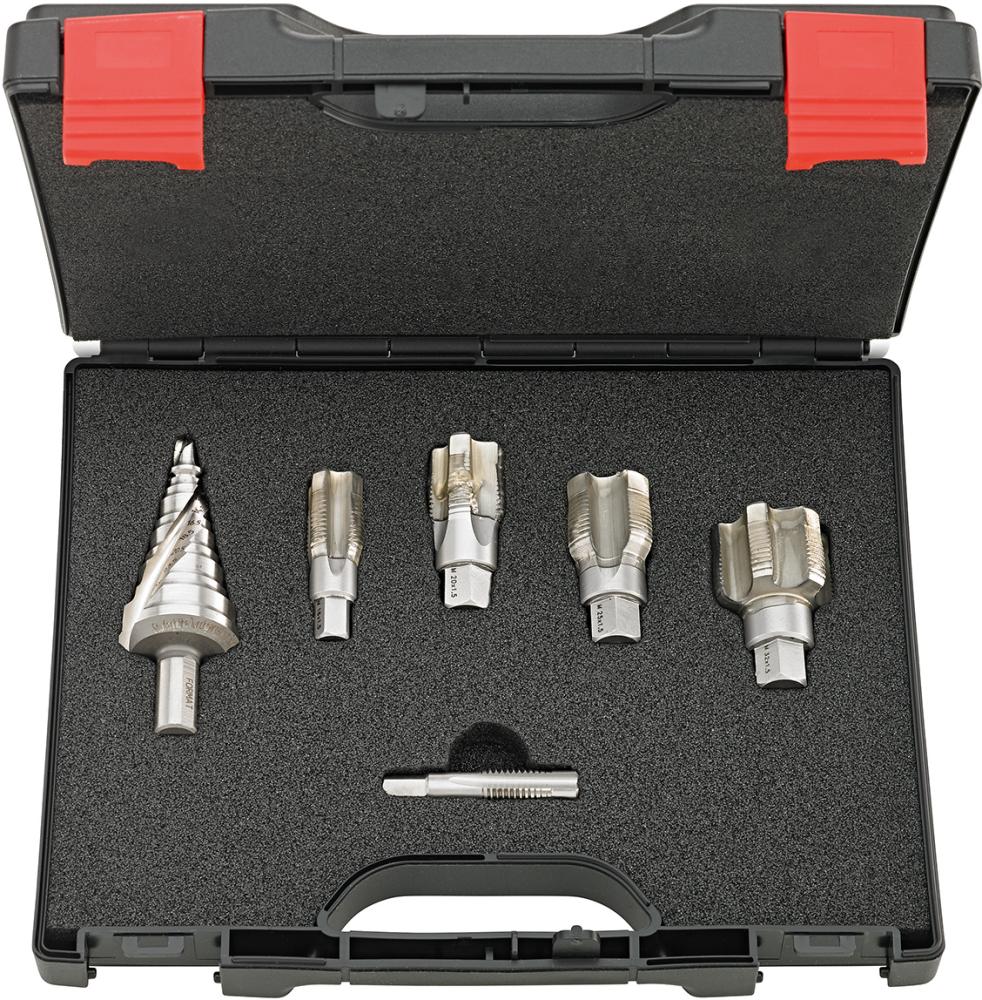Jeu tarauds ébaucheur/finisseur M12 à M32 x1,5 avec foret étagé 7-32,5mm