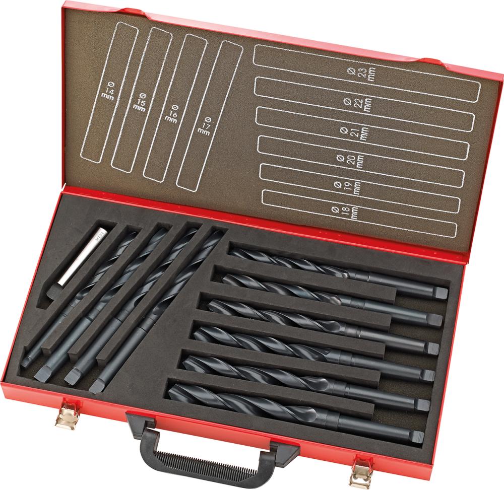 Jeu forets hél. DIN345 HSS moleté 14-23mm, 1mm stg. Coffret métal. 