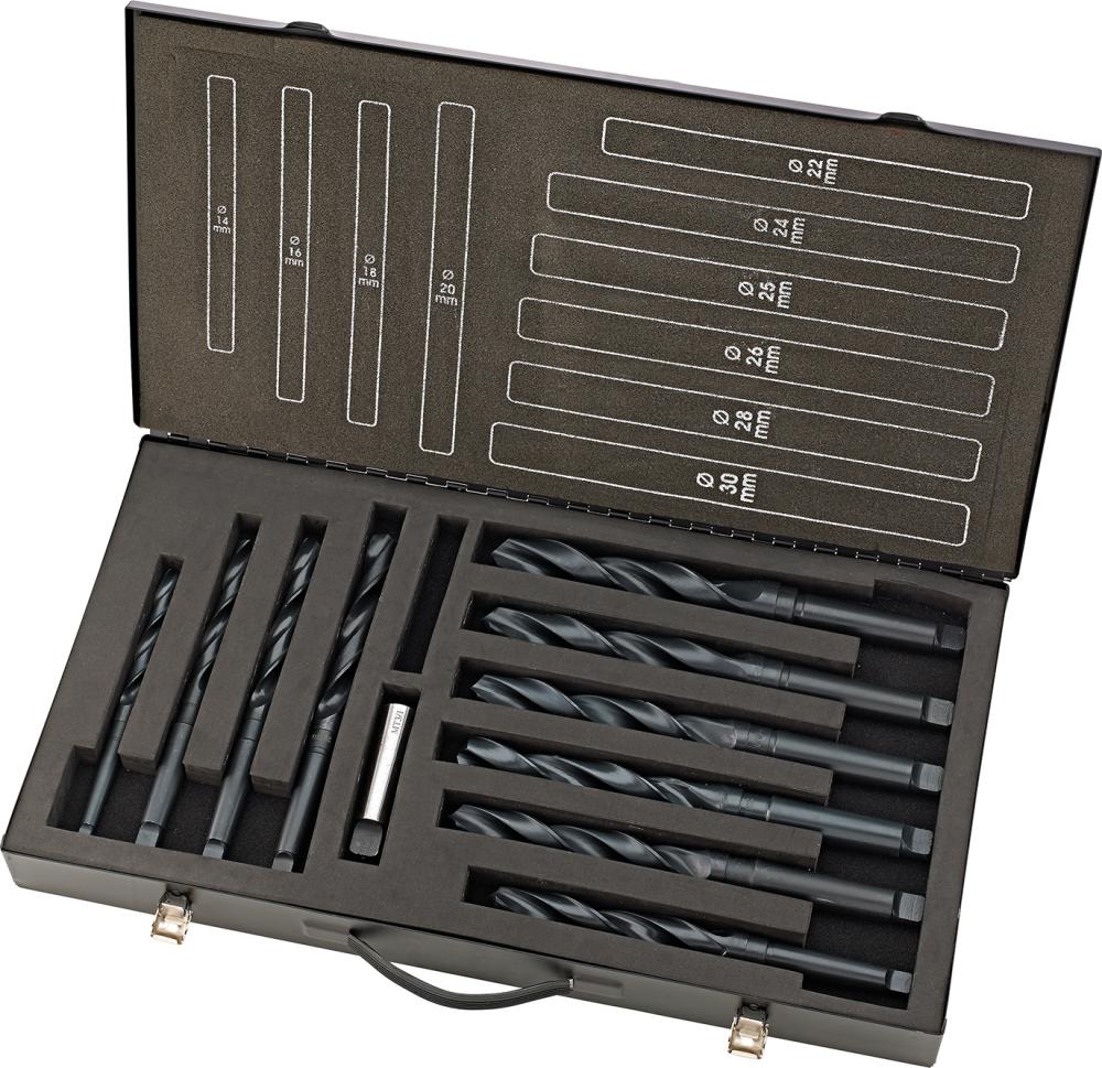 Jeu forets hél. DIN345 HSS moleté 14-30mm 2mm stg.+25mm Coffret métal.