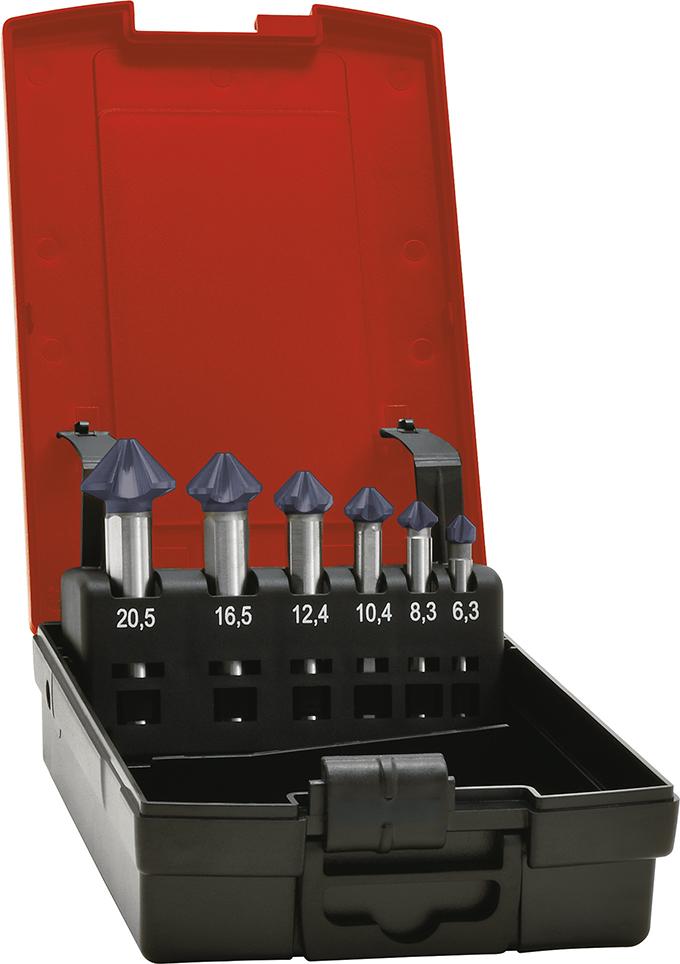 Jeu de fraises coniques DIN335C 90° 6,3-20,5mm TiAlN 3-4 dents à pas variable queue 3 méplats