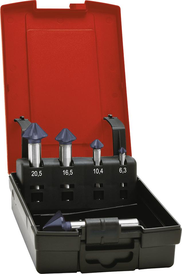 Jeu de fraises coniques DIN335C 90° 6,3-25,0mm TiAlN 3-4 lames à pas variable queue 3 méplats
