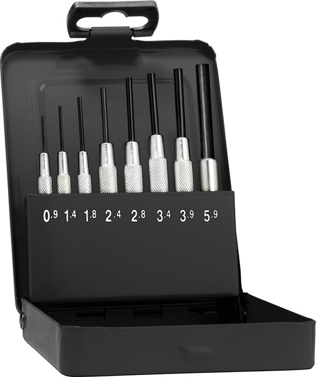 Jeu de chasse-goupilles avec douille de guidage dans un coffret métallique 