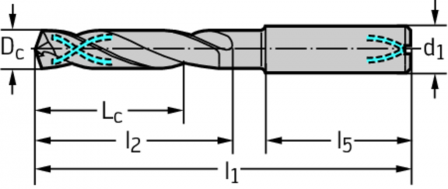 Foret en carbure monobloc avec lubrification centrale de refroidissement