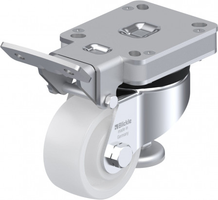 Roulette d’immobilisation polyamide avec platine à visser, pédale d’actionnement fixe et patin d’immobilisation intégré