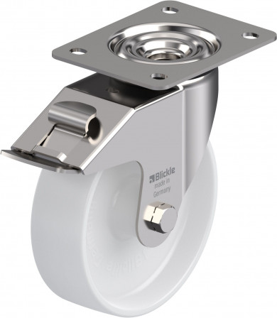 Roulette pivotante polyamide avec platine à visser et blocage « stop-fix »