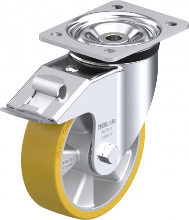 Roulette pivotante polyuréthane Extrathane® avec platine à visser et blocage « stop-fix »