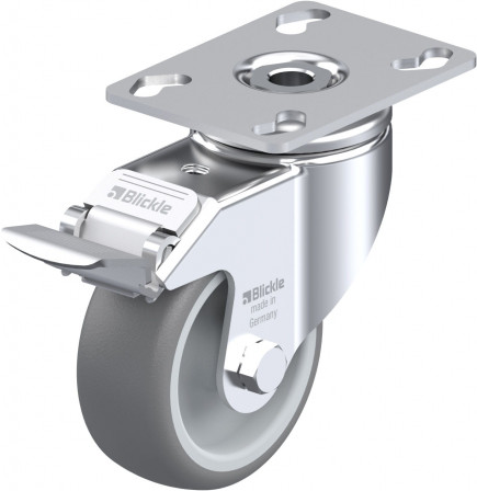 Roulette d’appareil pivotante bandage caoutchouc thermoplastique avec platine à visser et blocage « stop-fix »