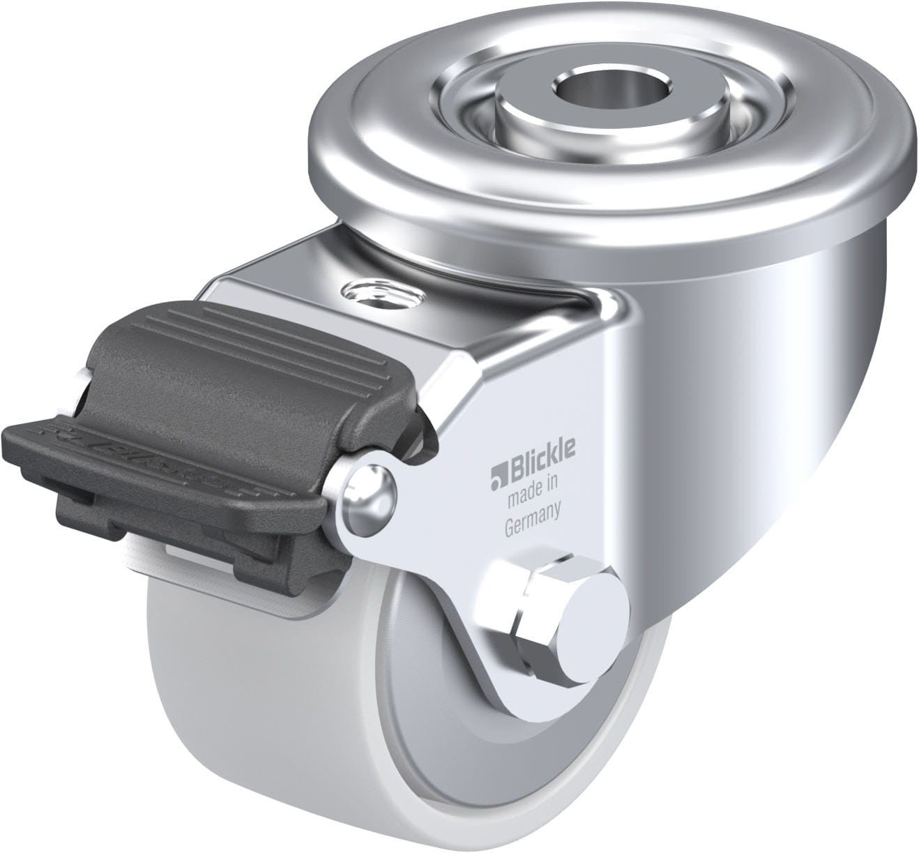 Roulette pivotante polyamide avec trou central et blocage « Radstop »