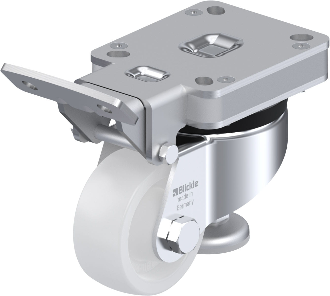 Roulette d’immobilisation polyamide avec platine à visser, pédale d’actionnement fixe et patin d’immobilisation intégré