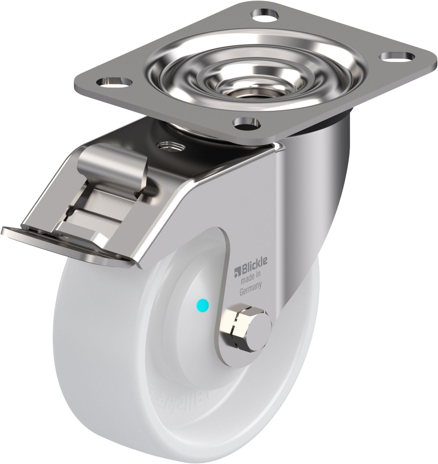 Roulette pivotante polyamide avec platine à visser et blocage « stop-fix »