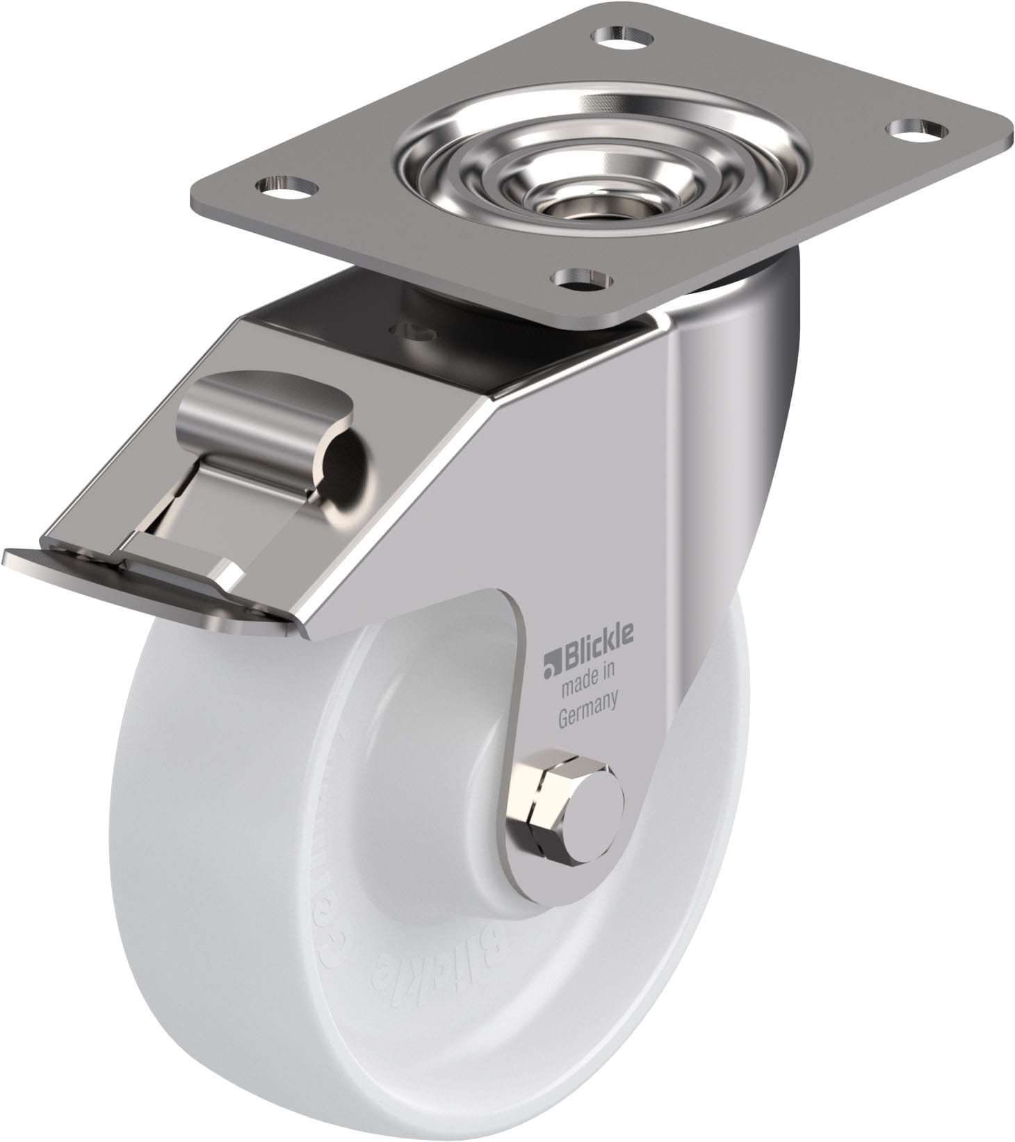 Roulette pivotante polyamide avec platine à visser et blocage « stop-fix »