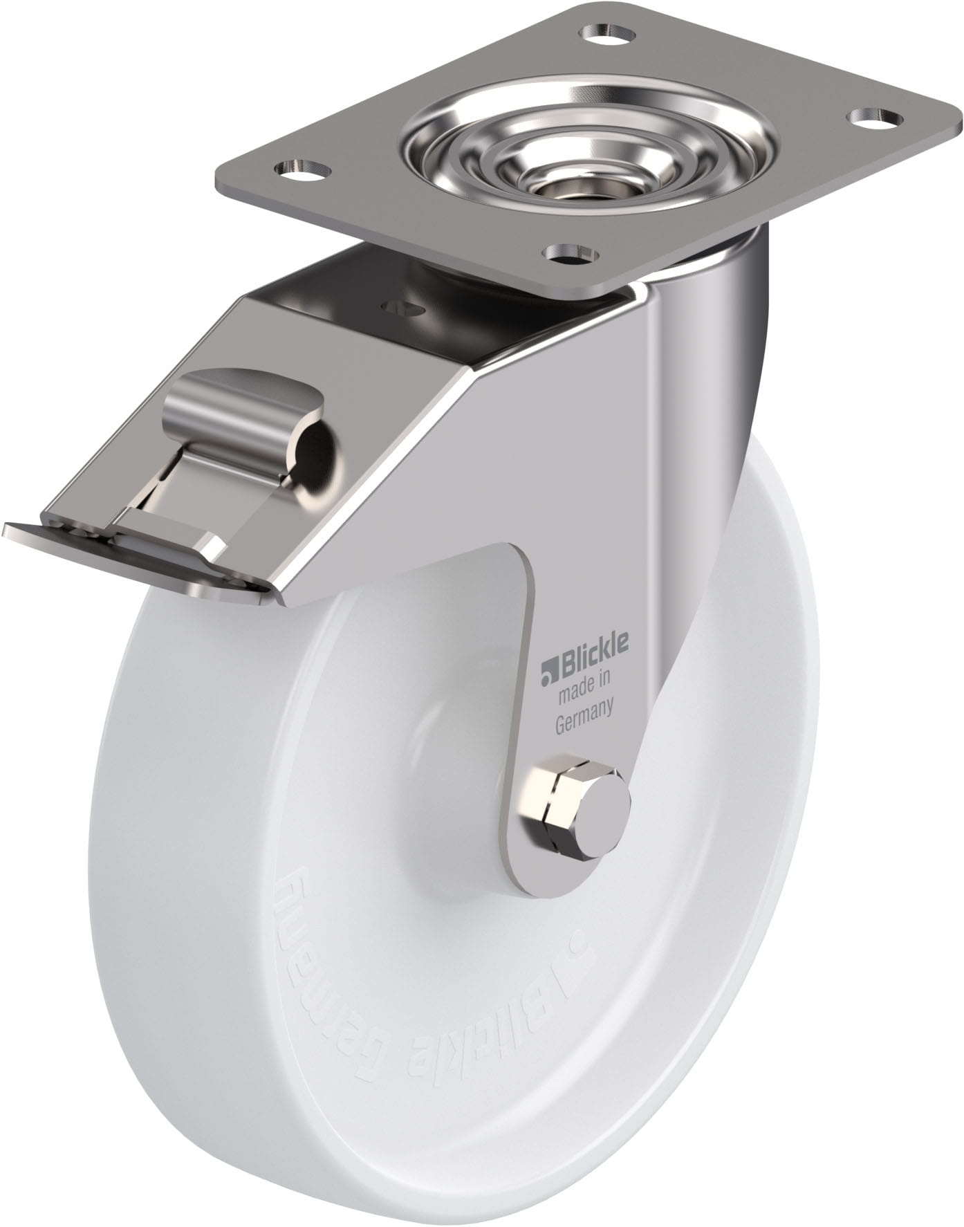 Roulette pivotante polyamide avec platine à visser et blocage « stop-fix »