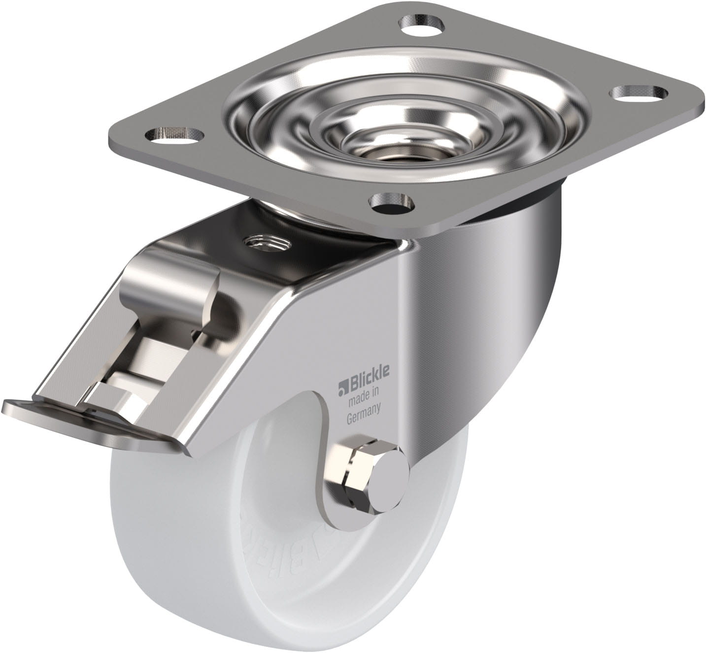 Roulette pivotante polyamide avec platine à visser et blocage « stop-fix »