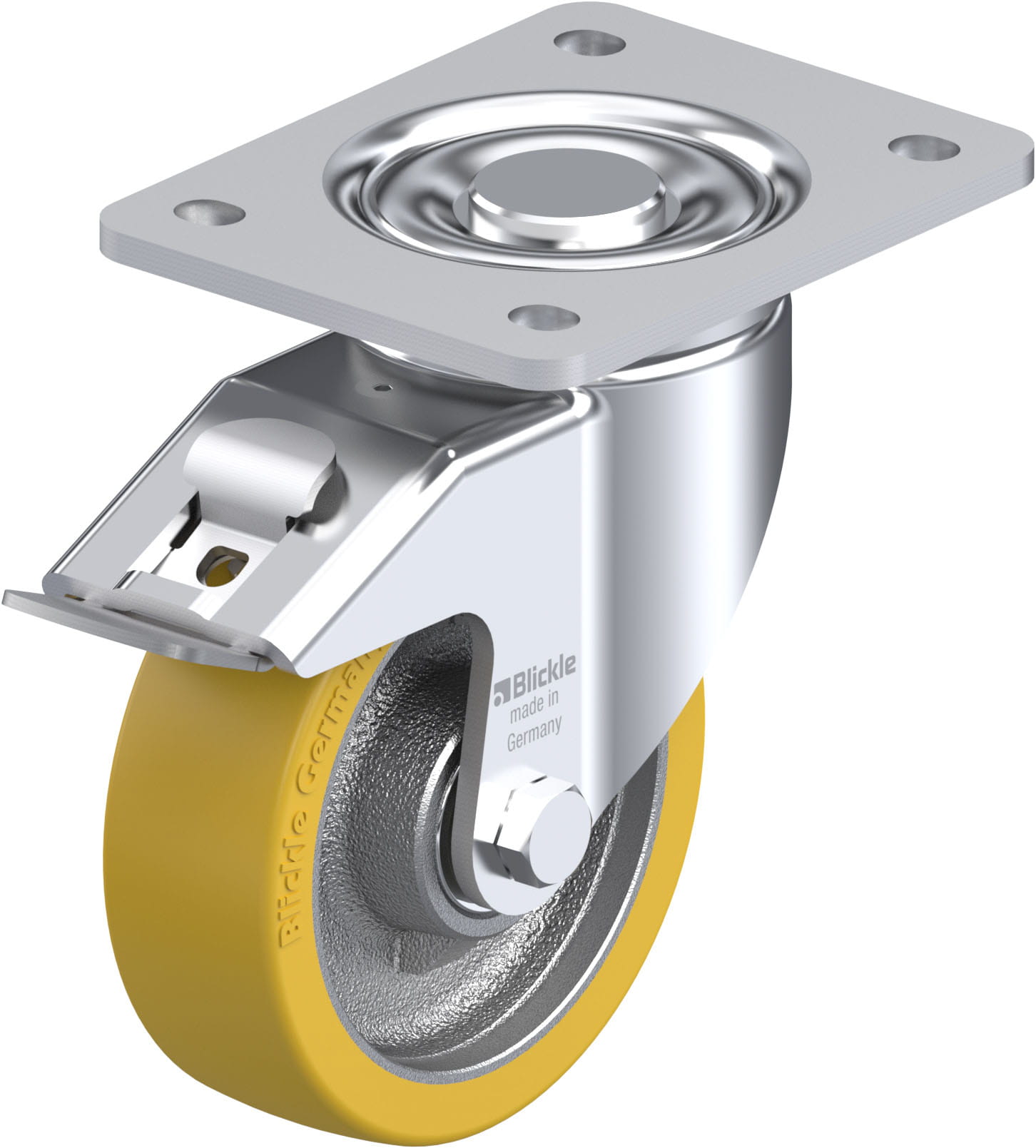 Roulette pivotante polyuréthane Extrathane® avec platine à visser et blocage « stop-fix »