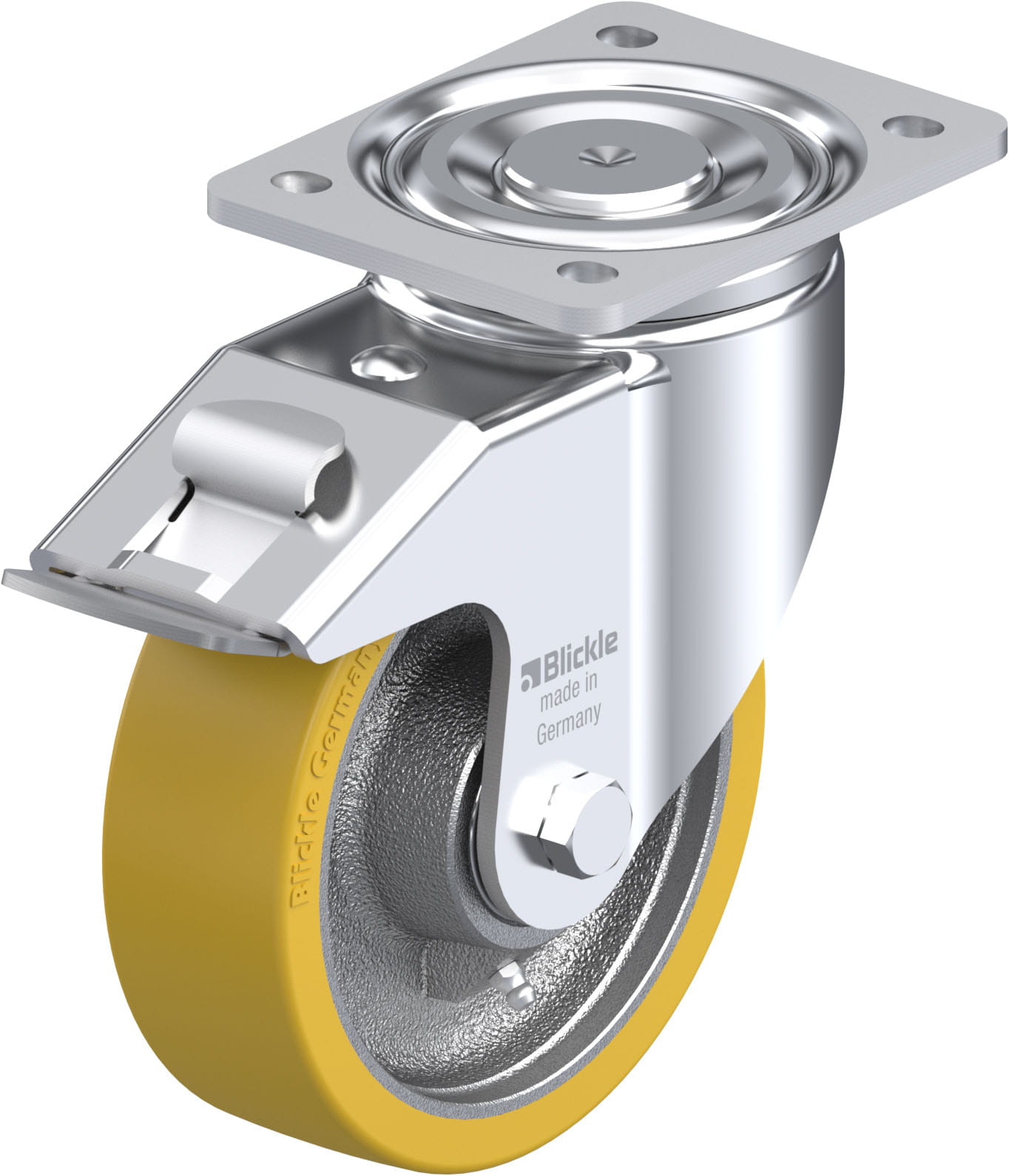 Roulette pivotante polyuréthane Extrathane® avec platine à visser et blocage « stop-fix »