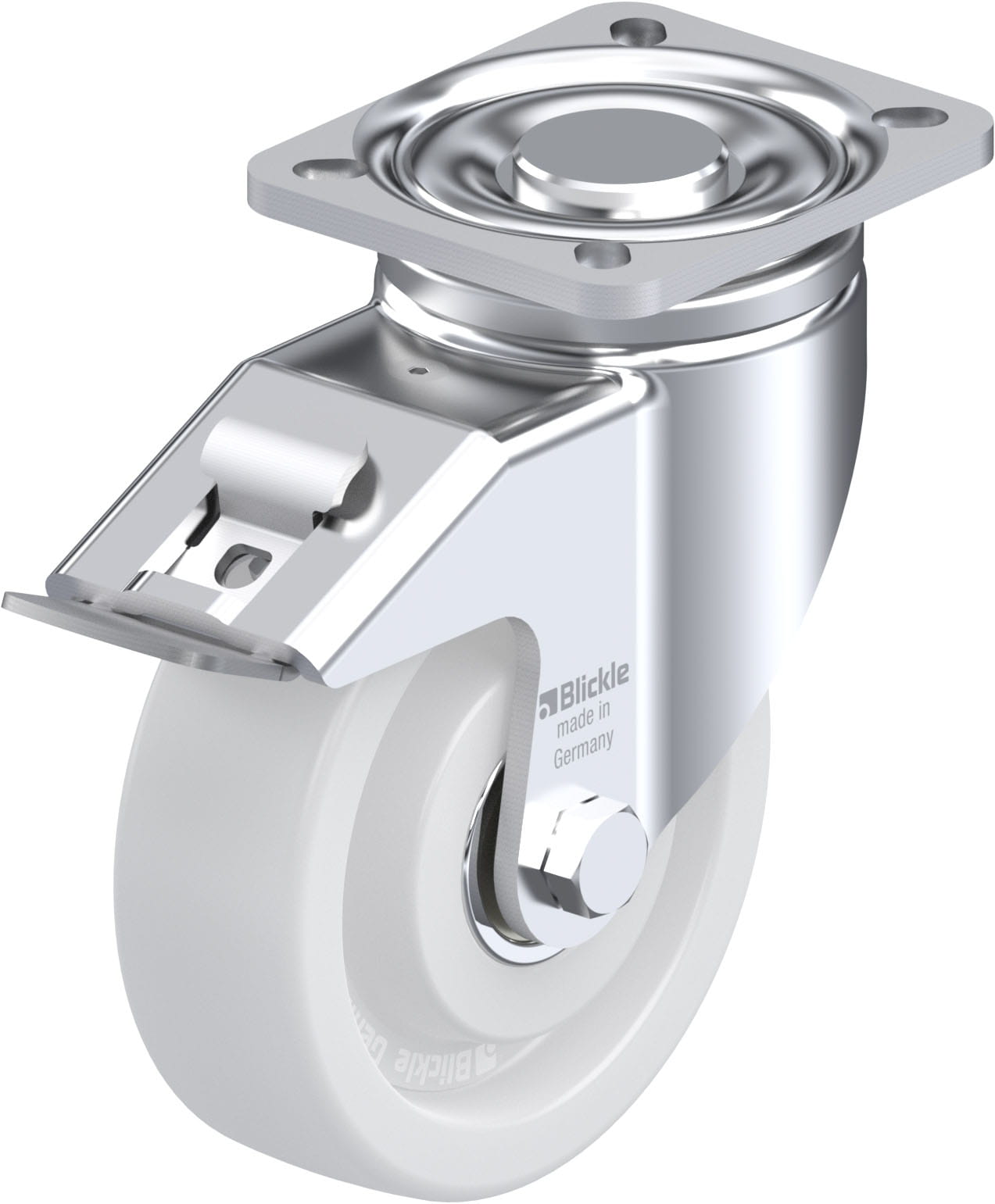 Roulette pivotante polyamide avec platine à visser et blocage « stop-fix »