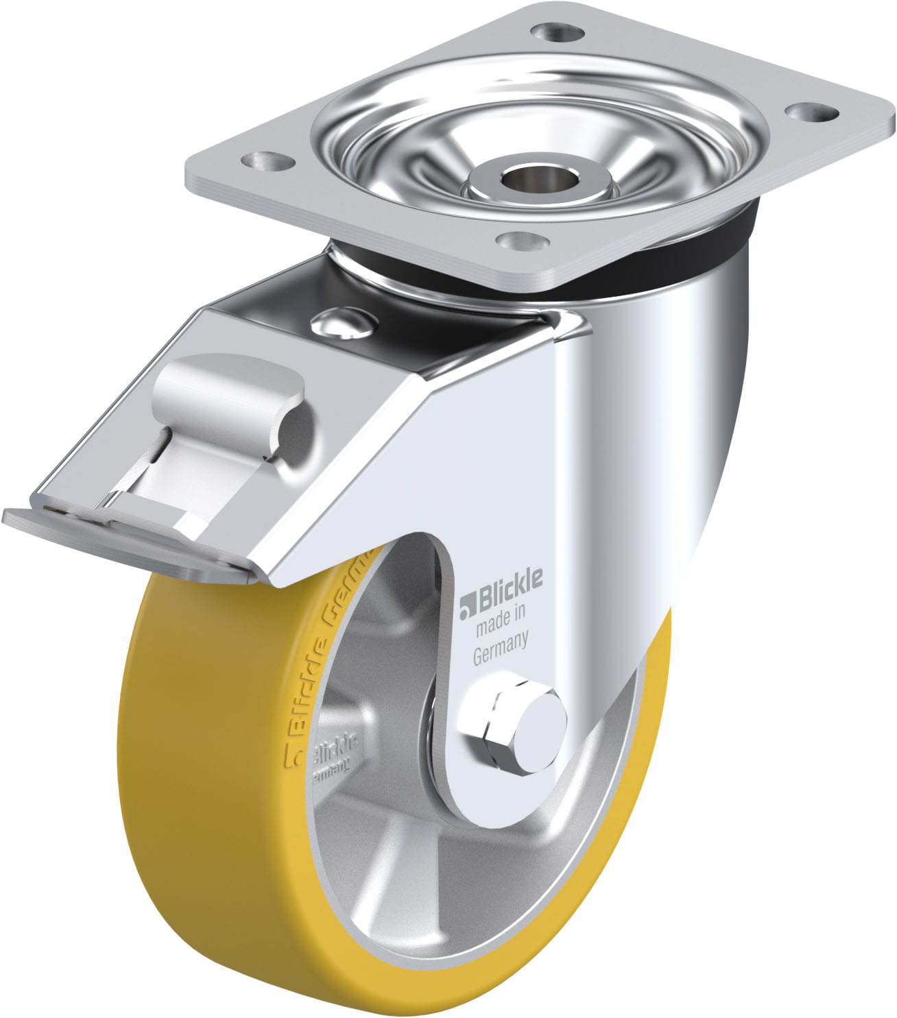 Roulette pivotante polyuréthane Extrathane® avec platine à visser et blocage « stop-fix »