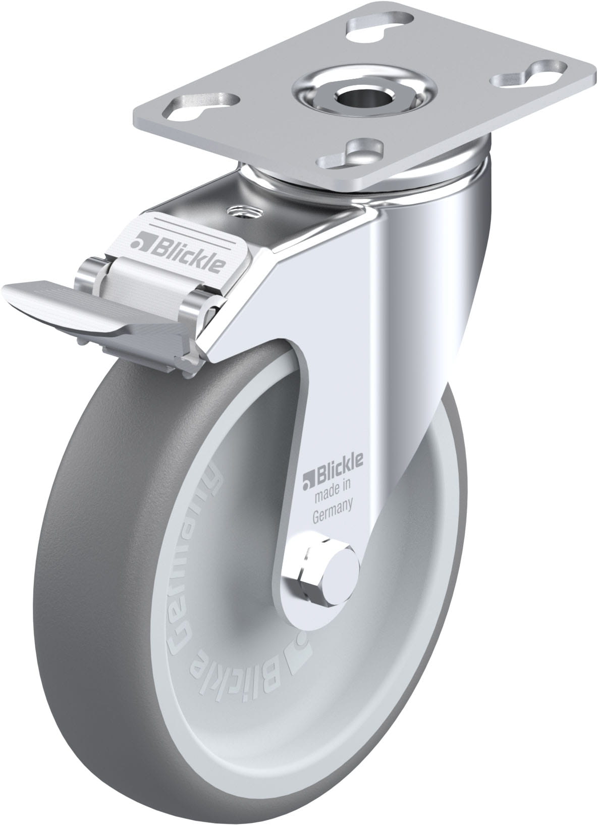 Roulette d’appareil pivotante bandage caoutchouc thermoplastique avec platine à visser et blocage « stop-fix »