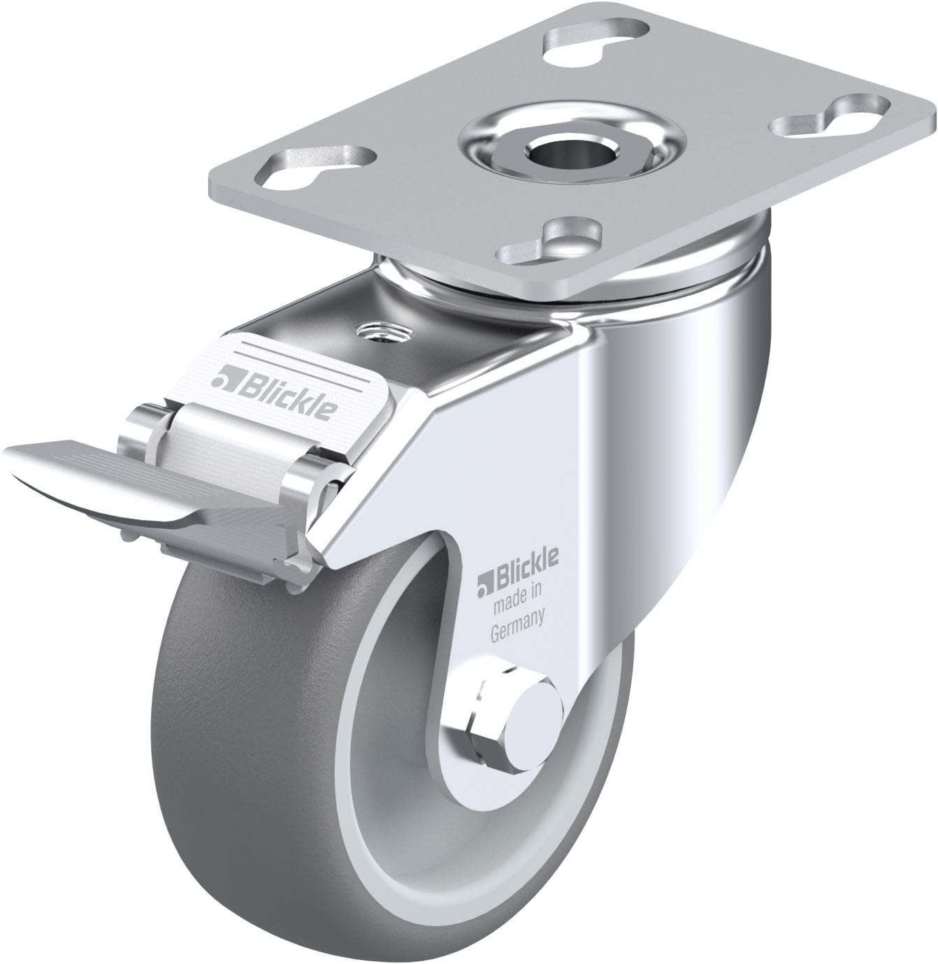 Roulette d’appareil pivotante bandage caoutchouc thermoplastique avec platine à visser et blocage « stop-fix »