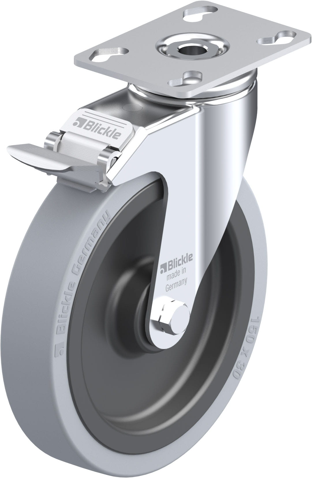 Roulette d’appareil pivotante bandage caoutchouc avec platine à visser et blocage “stop-fix”