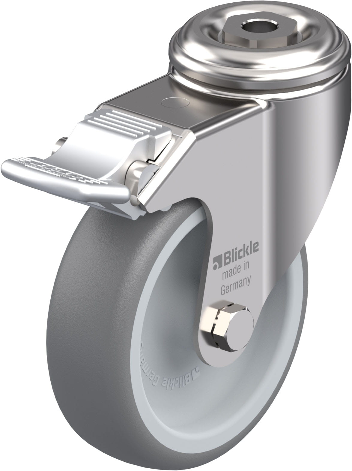 Roulette d’appareil pivotante caoutchouc thermoplastique avec trou central et blocage « stop-fix »