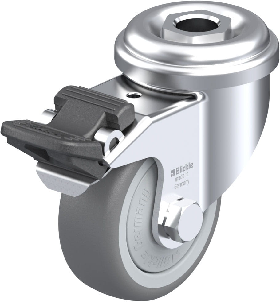 Roulette d’appareil pivotante caoutchouc thermoplastique avec trou central et blocage « stop-fix »